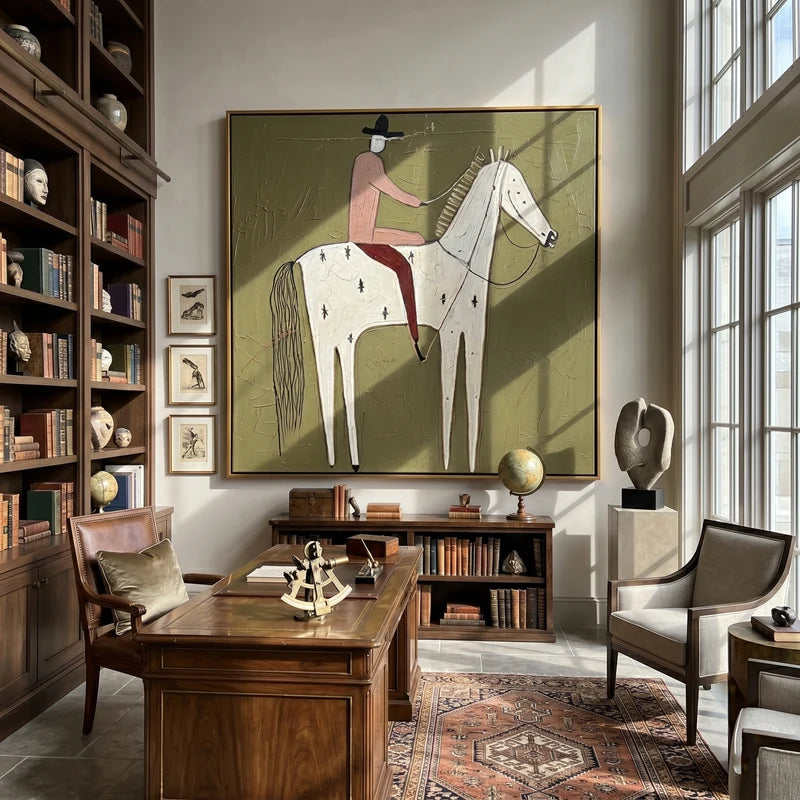 Star-Marked White Horse Rider Wall Art – Olive Western Folk Painting#yy825136