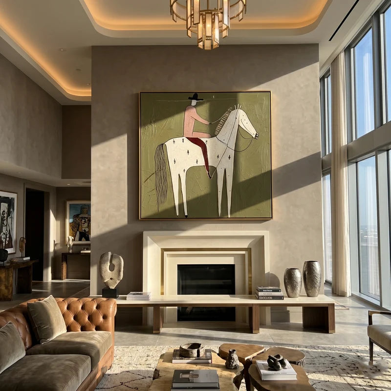Star-Marked White Horse Rider Wall Art – Olive Western Folk Painting#yy825136