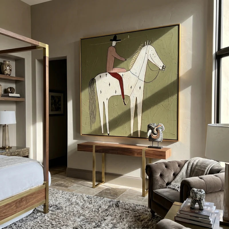 Star-Marked White Horse Rider Wall Art – Olive Western Folk Painting#yy825136