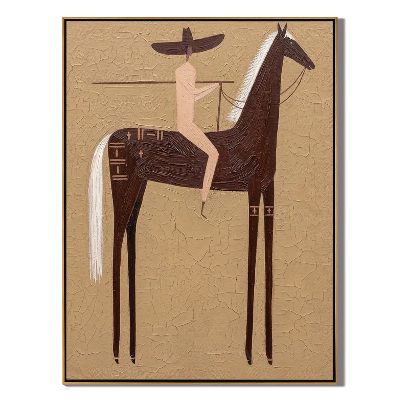 White Mane Brown Horse Rider Wall Art – Southwestern Folk Painting#yy825138