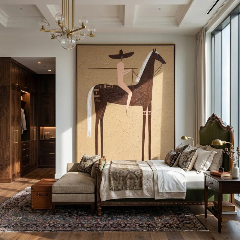 White Mane Brown Horse Rider Wall Art – Southwestern Folk Painting#yy825138