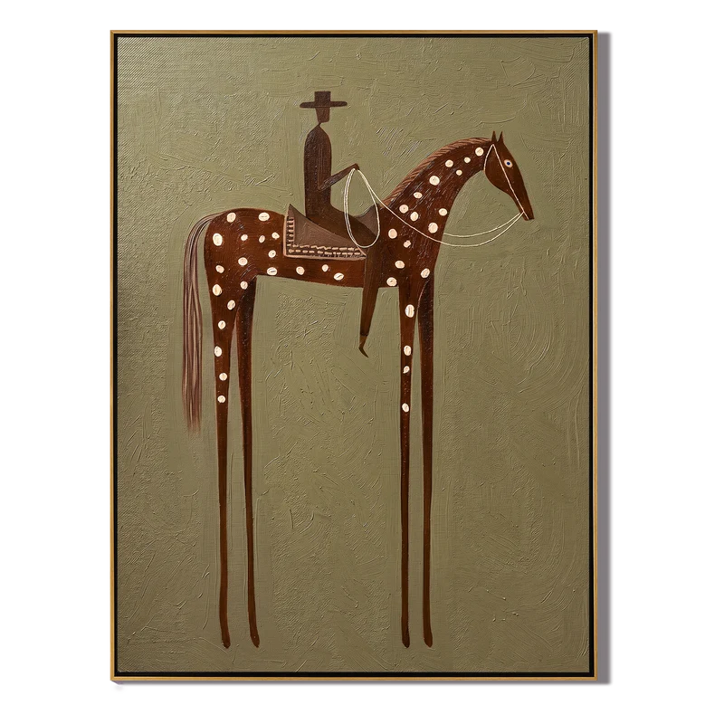 White Spotted Brown Horse Rider Wall Art – Sage Western Painting#yy825140