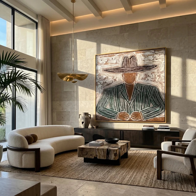 Green Pinstripe Cowboy Portrait Wall Art – Textured Western Painting#yy825141