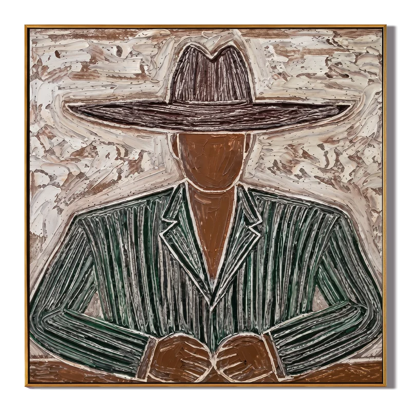 Green Pinstripe Cowboy Portrait Wall Art – Textured Western Painting#yy825141