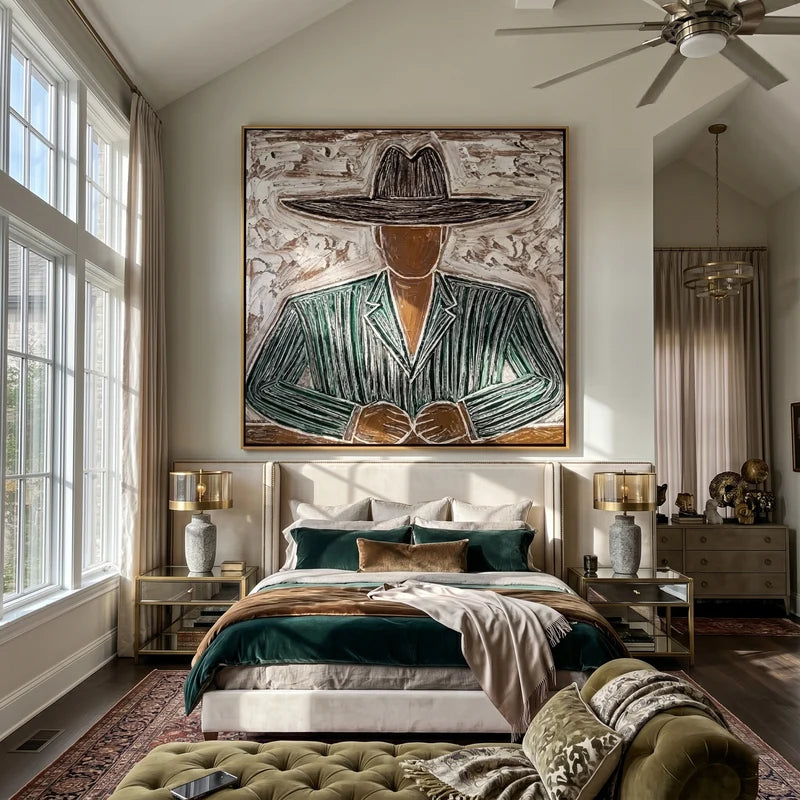 Green Pinstripe Cowboy Portrait Wall Art – Textured Western Painting#yy825141