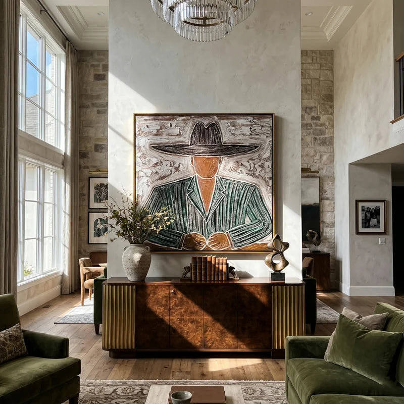 Green Pinstripe Cowboy Portrait Wall Art – Textured Western Painting#yy825141