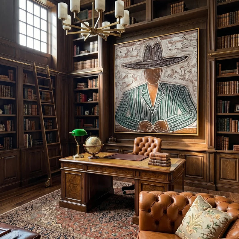 Green Pinstripe Cowboy Portrait Wall Art – Textured Western Painting#yy825141