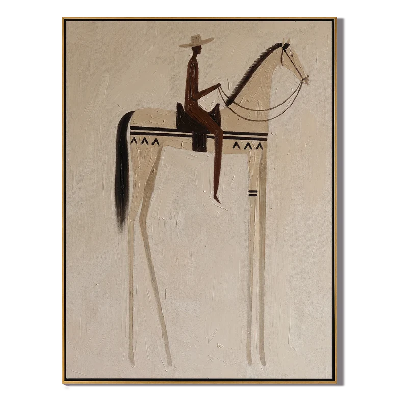 Ivory Horse Rider Wall Art – Minimalist Western Folk Painting#yy825144