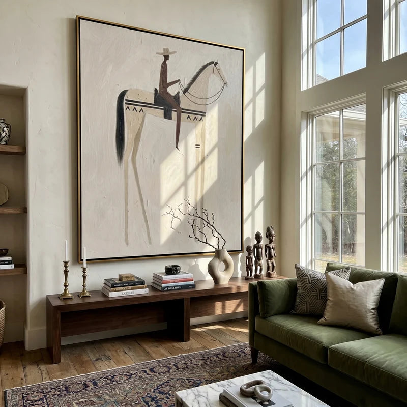Ivory Horse Rider Wall Art – Minimalist Western Folk Painting#yy825144
