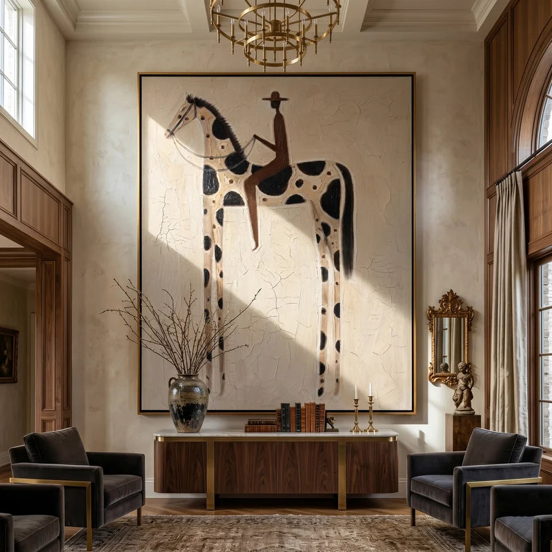 Black Spotted Horse and Rider Wall Art – Neutral Western Folk Painting#yy825145