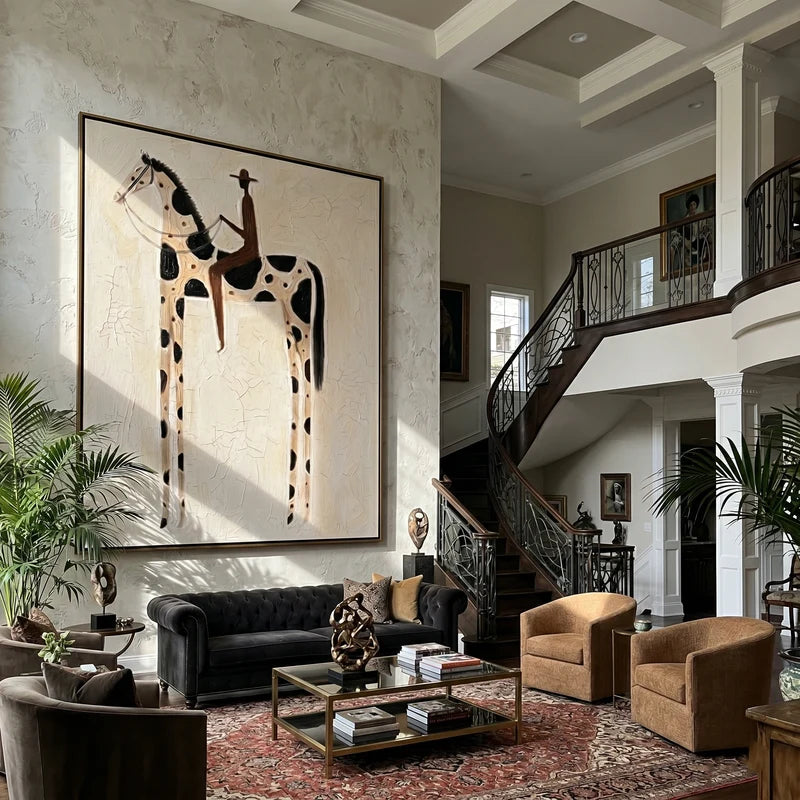 Black Spotted Horse and Rider Wall Art – Neutral Western Folk Painting#yy825145