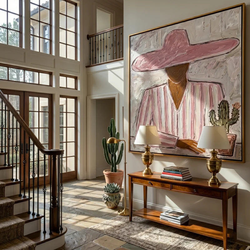 Pink Hat Cowgirl with Cactus Wall Art – Southwestern Folk Painting#yy825147