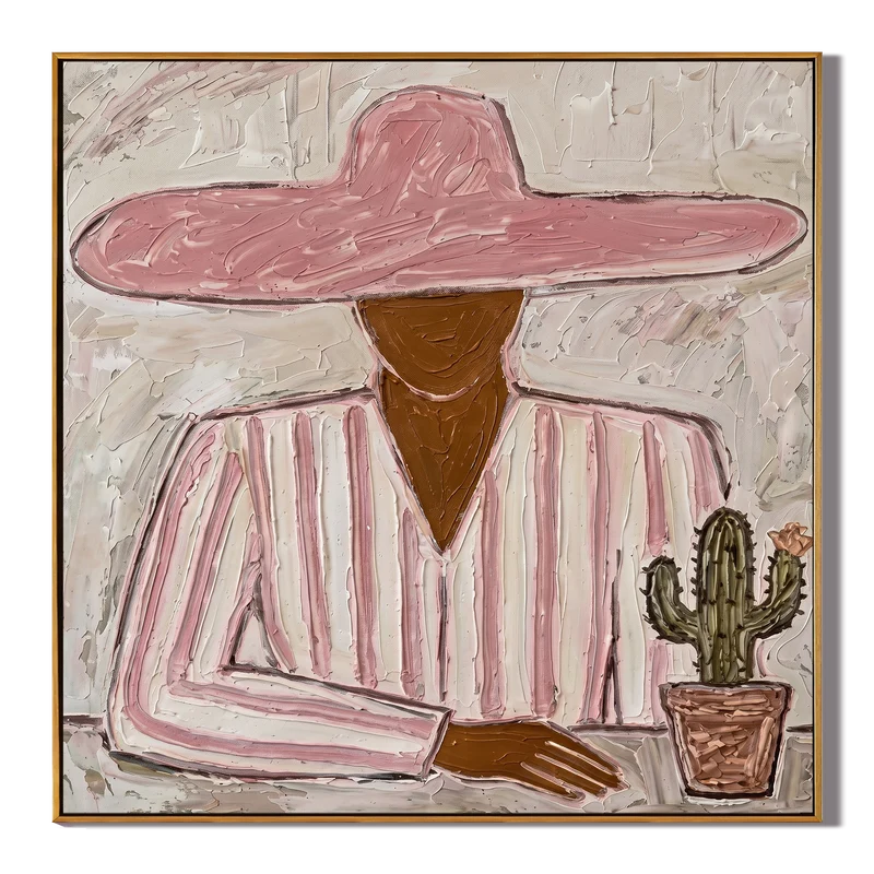 Pink Hat Cowgirl with Cactus Wall Art – Southwestern Folk Painting#yy825147