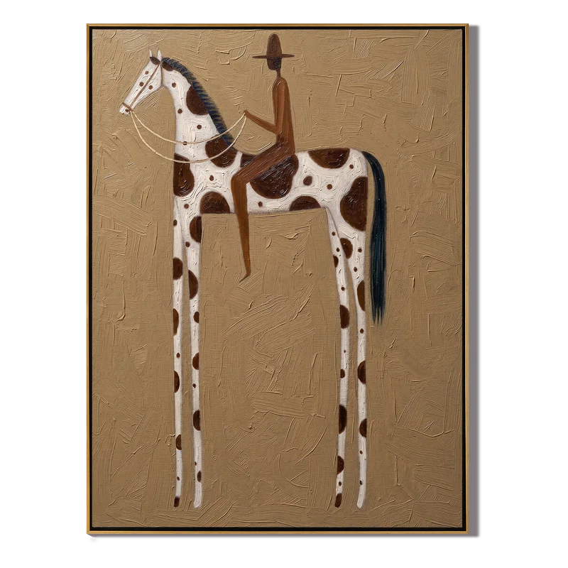 Tall Pinto Horse Rider Wall Art – Neutral Western Folk Painting#yy825148
