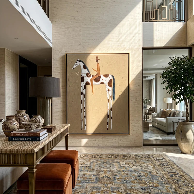 Tall Pinto Horse Rider Wall Art – Neutral Western Folk Painting#yy825148