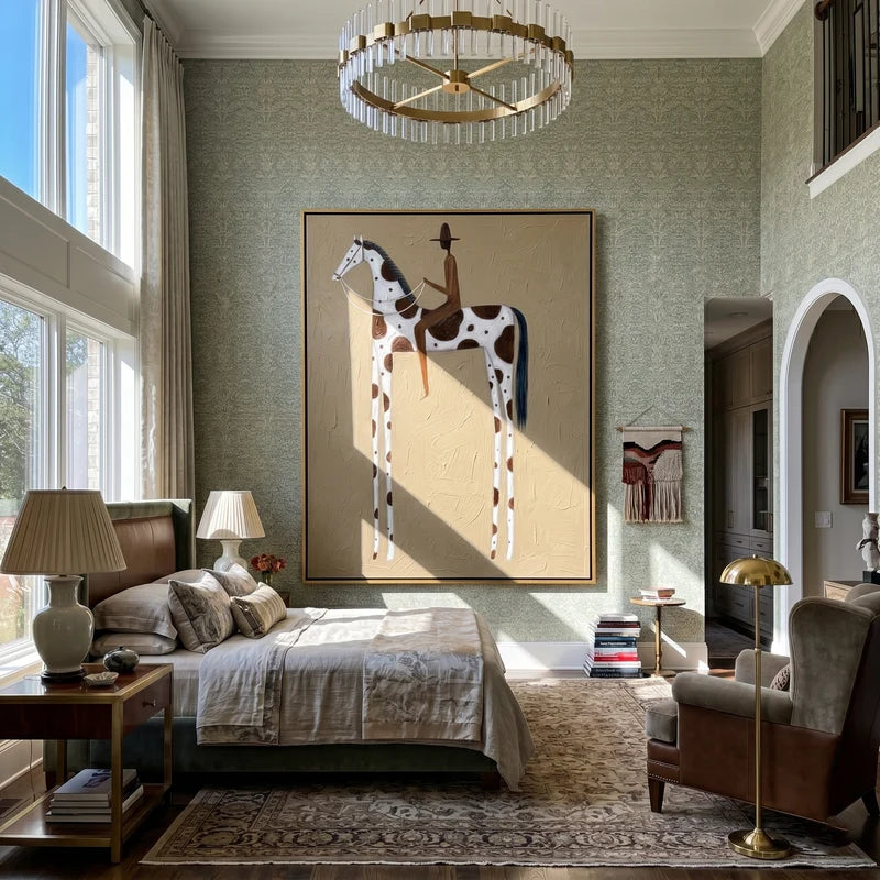 Tall Pinto Horse Rider Wall Art – Neutral Western Folk Painting#yy825148