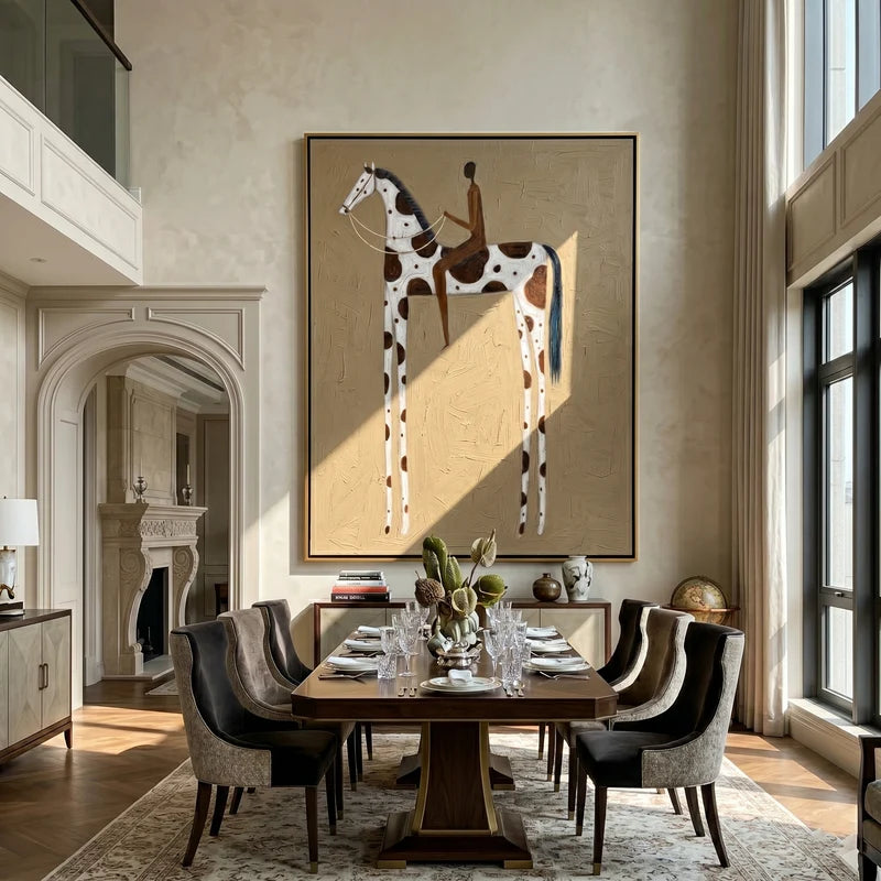 Tall Pinto Horse Rider Wall Art – Neutral Western Folk Painting#yy825148