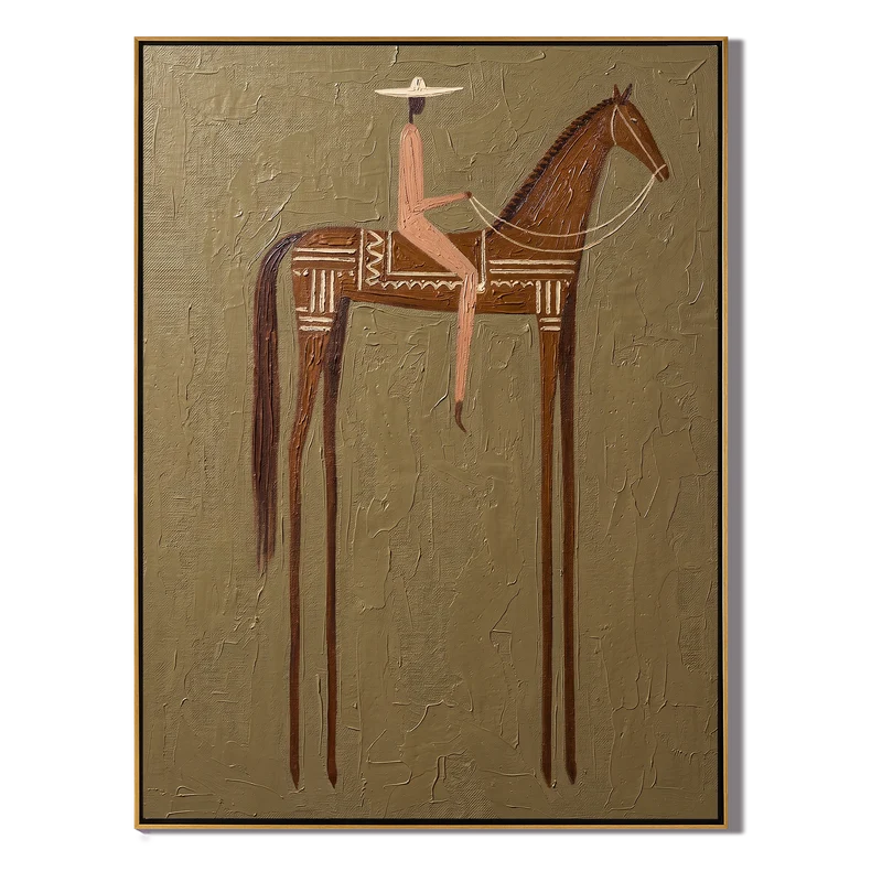 Southwestern Patterned Horse Rider Wall Art – Olive Western Painting#yy825149