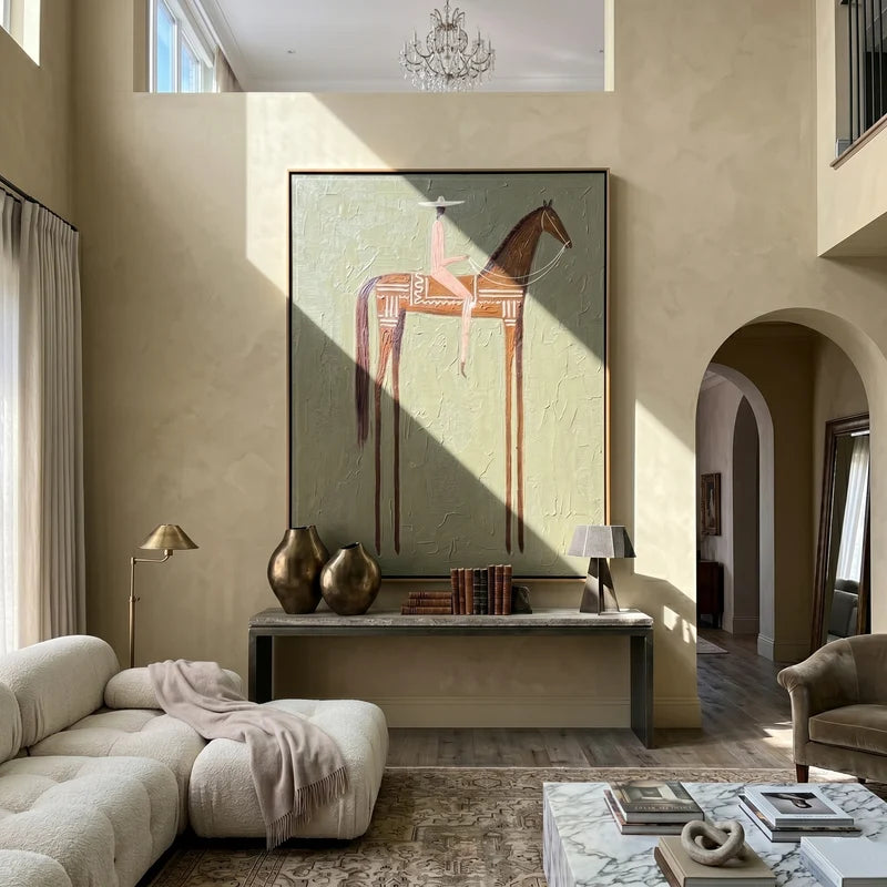 Southwestern Patterned Horse Rider Wall Art – Olive Western Painting#yy825149