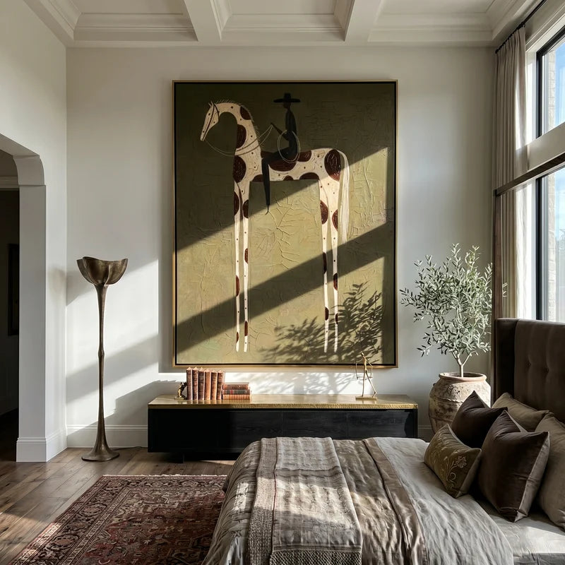 Spotted Horse and Black Hat Rider Wall Art – Olive Western Painting#yy825150