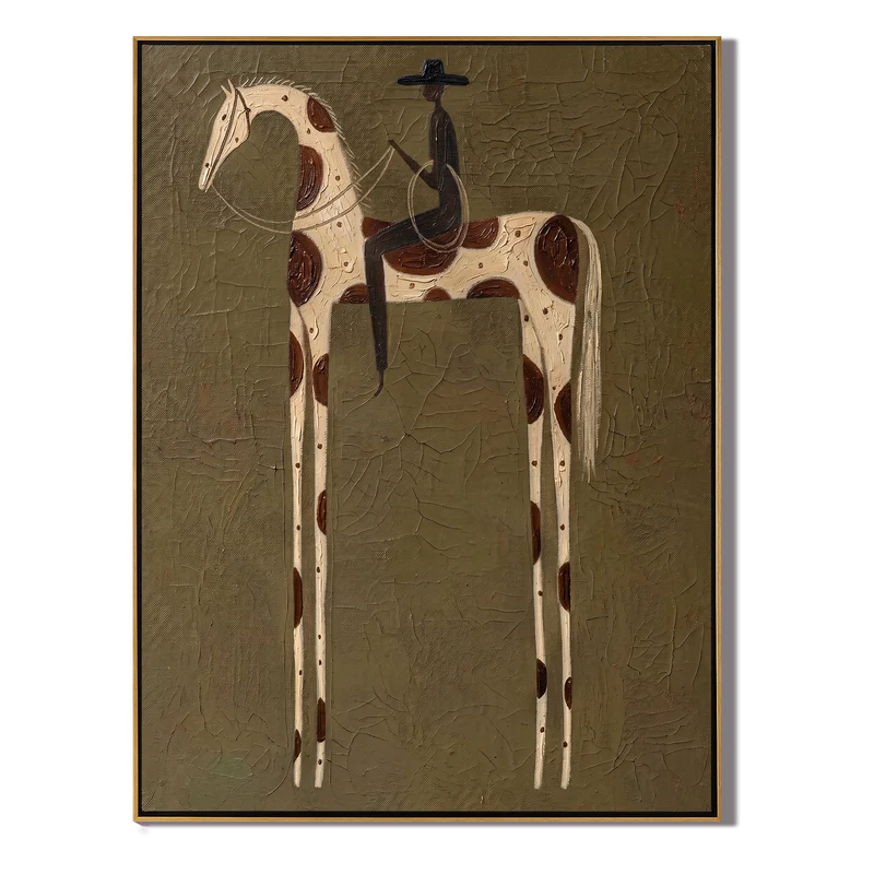 Spotted Horse and Black Hat Rider Wall Art – Olive Western Painting#yy825150
