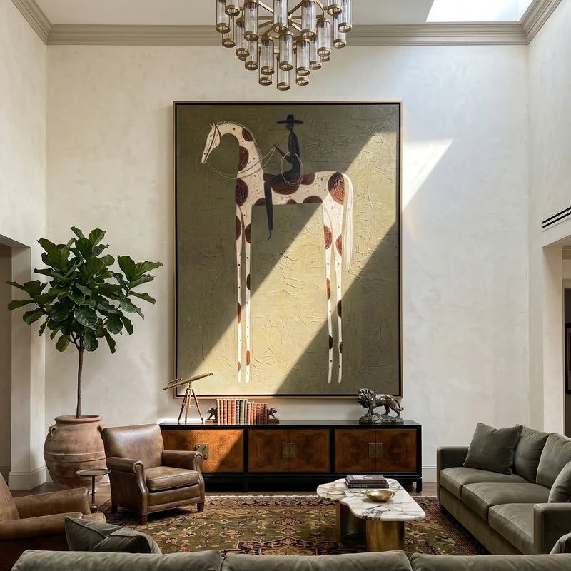 Spotted Horse and Black Hat Rider Wall Art – Olive Western Painting#yy825150