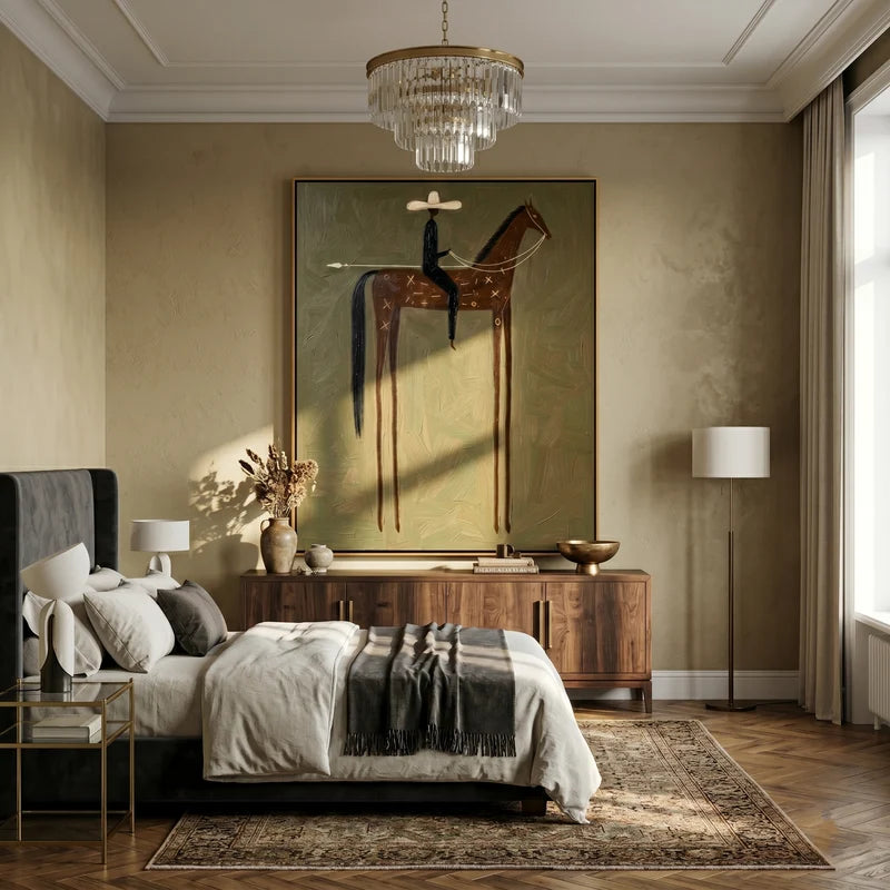 Symbolic Brown Horse Rider Wall Art – Olive Western Painting#yy825151
