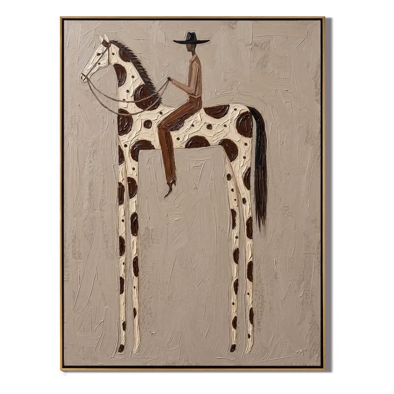 Spotted Horse Rider Wall Art – Neutral Western Equestrian Painting#yy825152