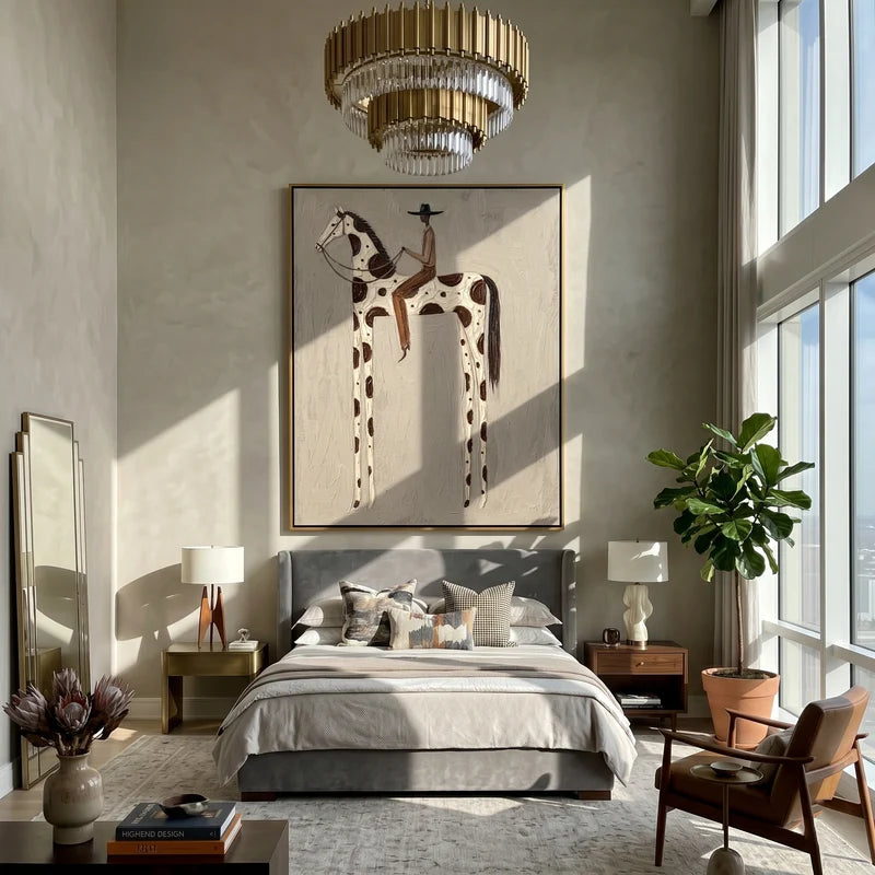 Spotted Horse Rider Wall Art – Neutral Western Equestrian Painting#yy825152
