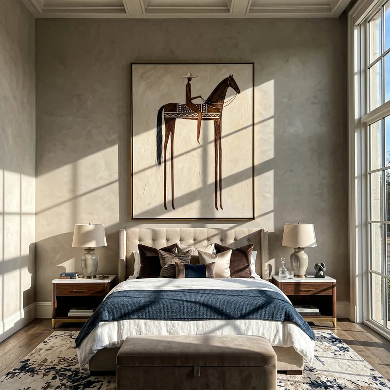 Patterned Brown Horse Rider Wall Art – Neutral Western Equestrian Painting#yy825153