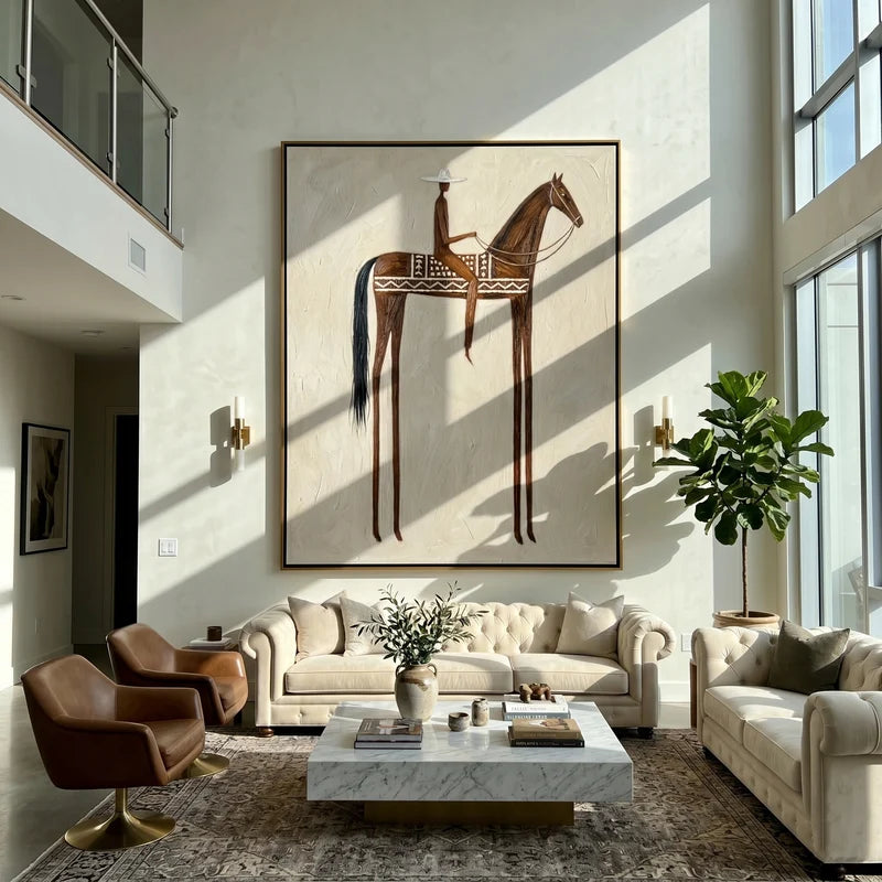 Patterned Brown Horse Rider Wall Art – Neutral Western Equestrian Painting#yy825153