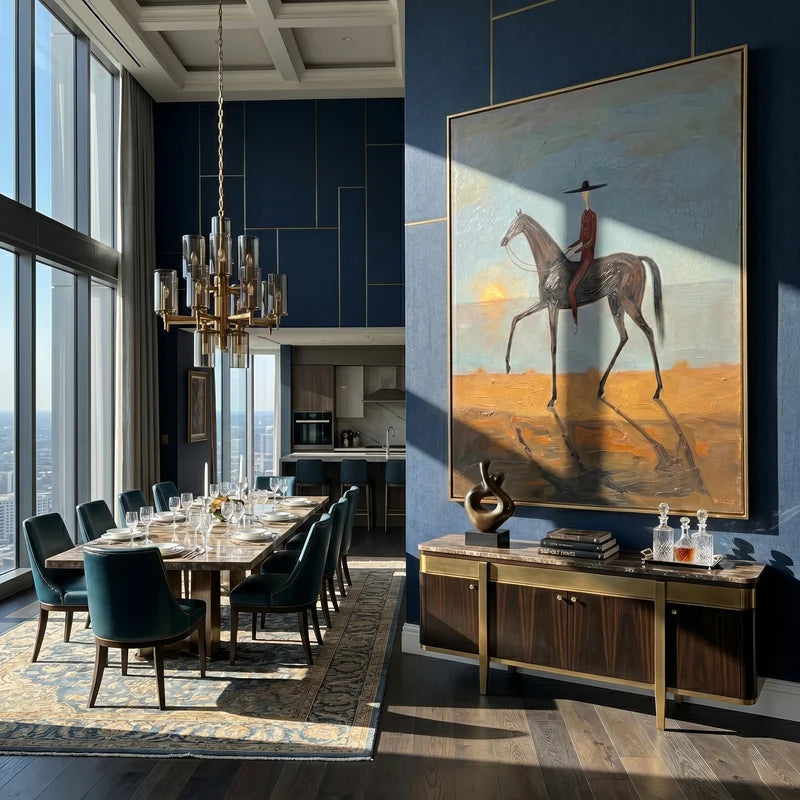 Lone Rider at Sunset Wall Art – Black Horse Western Painting#yy825155