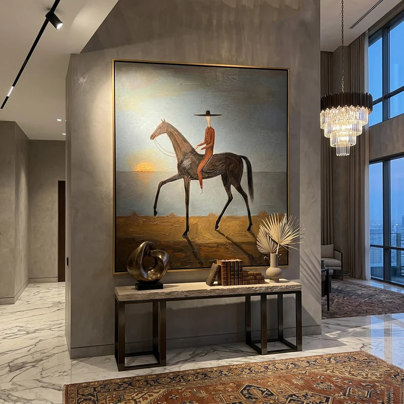 Lone Rider at Sunset Wall Art – Black Horse Western Painting#yy825155