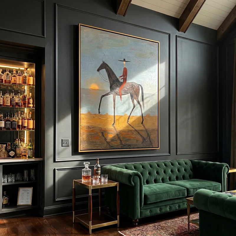 Lone Rider at Sunset Wall Art – Black Horse Western Painting#yy825155