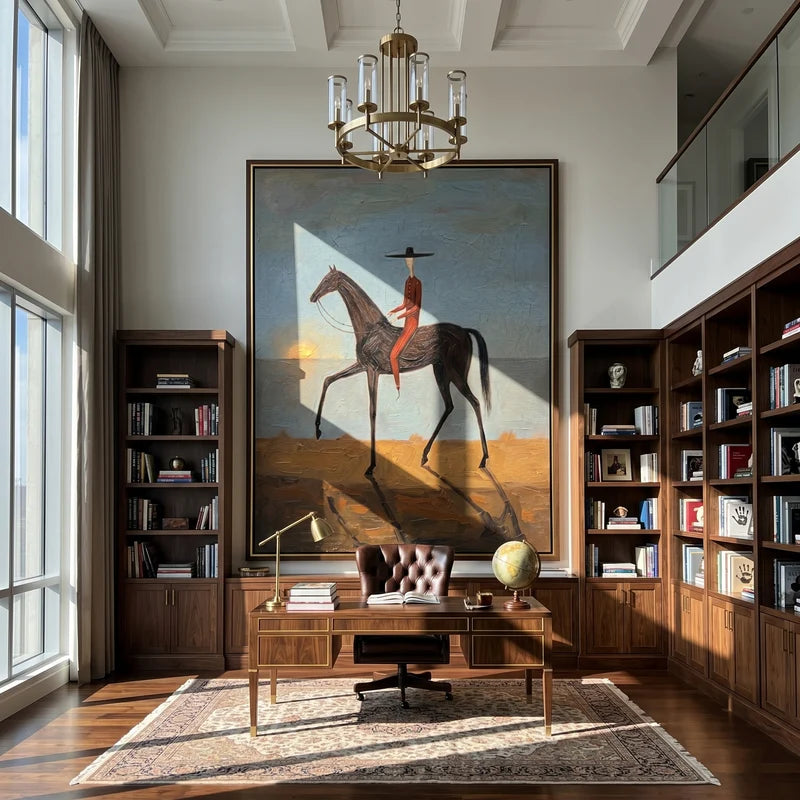 Lone Rider at Sunset Wall Art – Black Horse Western Painting#yy825155