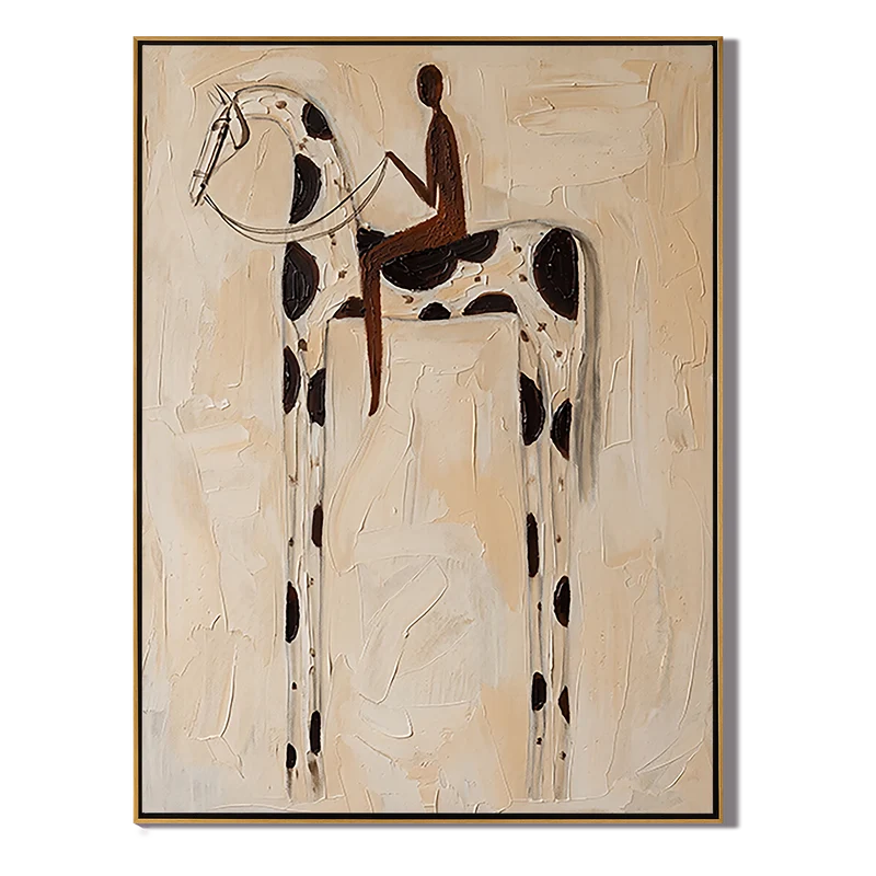 Black & White Pinto Horse Rider Wall Art – Neutral Equestrian Painting#yy825157