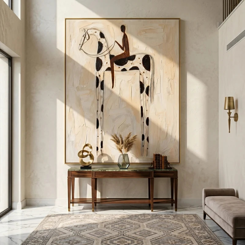 Black & White Pinto Horse Rider Wall Art – Neutral Equestrian Painting#yy825157