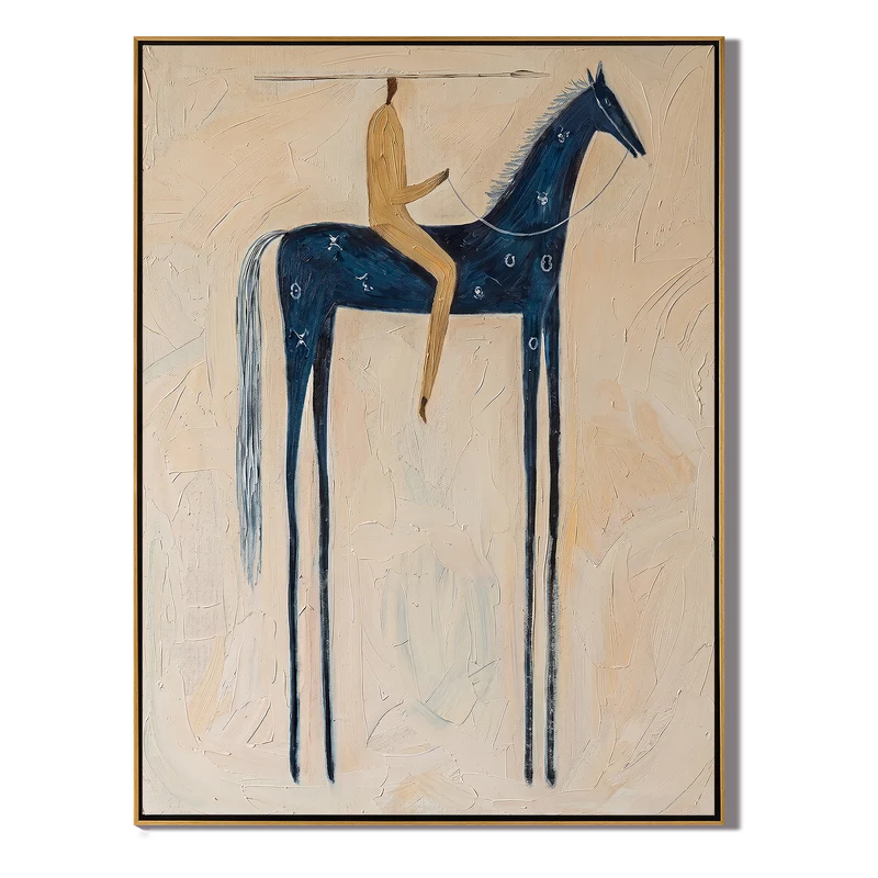 Navy Blue Horse Rider Wall Art – Gold Neutral Equestrian Painting#yy825158