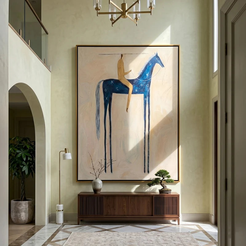 Navy Blue Horse Rider Wall Art – Gold Neutral Equestrian Painting#yy825158