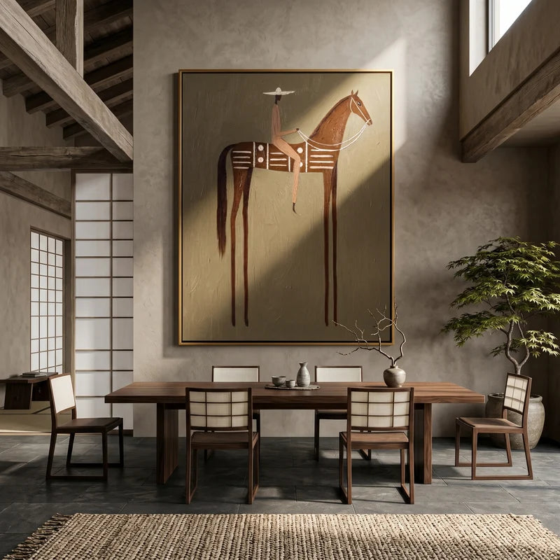 Geometric Brown Horse Rider Wall Art – Neutral Western Painting#yy825160