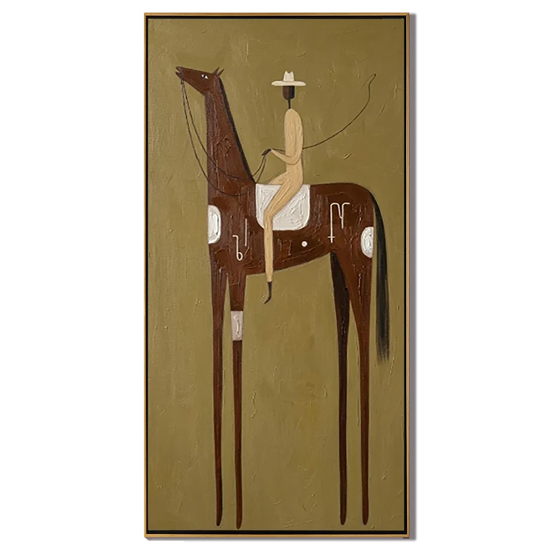 Symbolic Brown Horse Rider Wall Art – Tall Western Folk Painting#yy825161