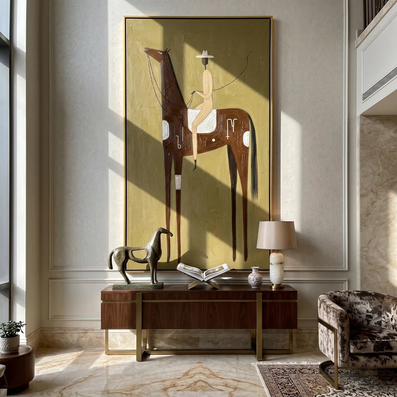 Symbolic Brown Horse Rider Wall Art – Tall Western Folk Painting#yy825161