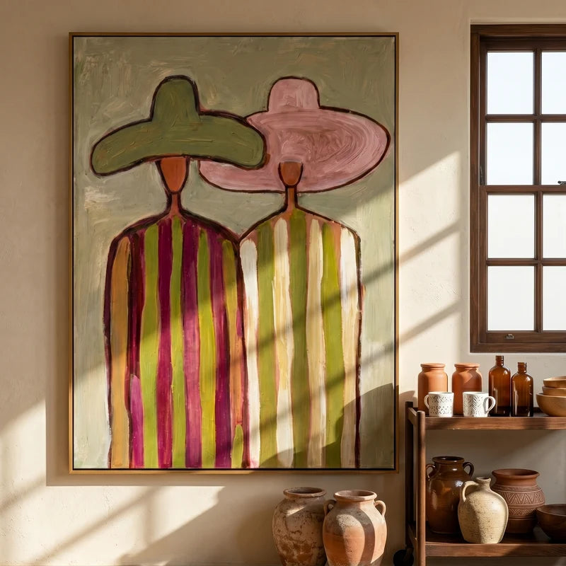 Pink & Green Hat Couple Wall Art – Colorful Folk Portrait#yy825162