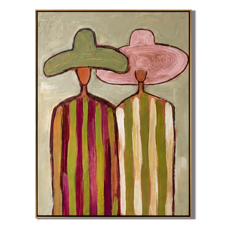 Pink & Green Hat Couple Wall Art – Colorful Folk Portrait#yy825162