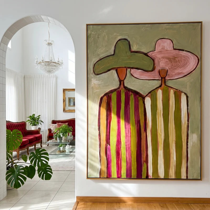 Pink & Green Hat Couple Wall Art – Colorful Folk Portrait#yy825162