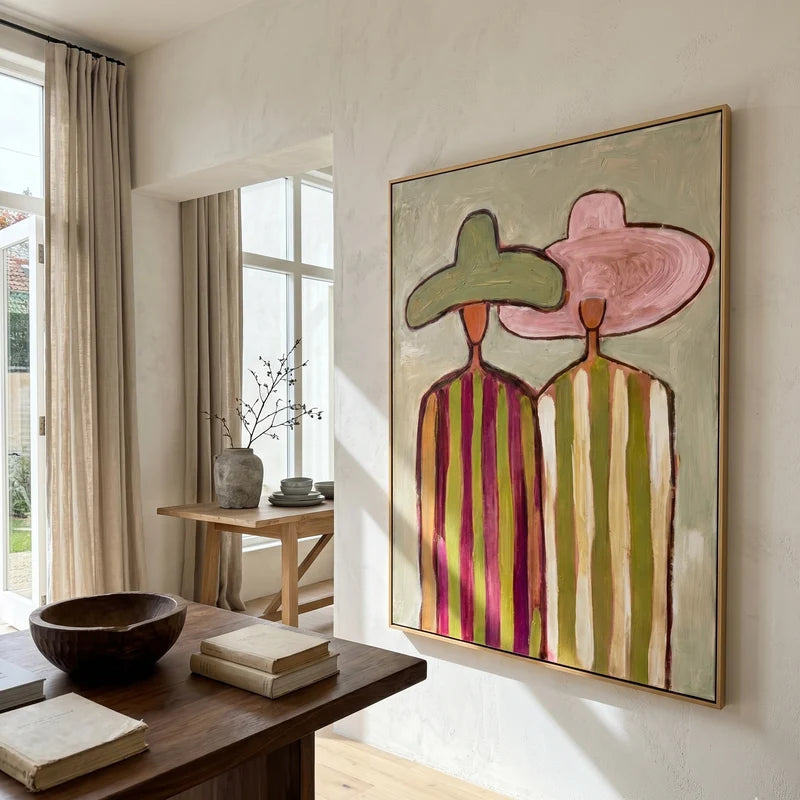 Pink & Green Hat Couple Wall Art – Colorful Folk Portrait#yy825162