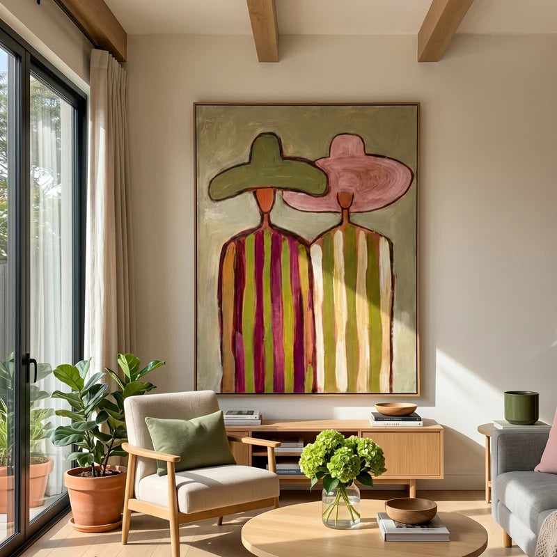 Pink & Green Hat Couple Wall Art – Colorful Folk Portrait#yy825162
