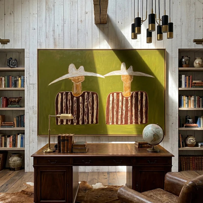 White Hat Western Couple Wall Art – Olive Folk Portrait#yy825167