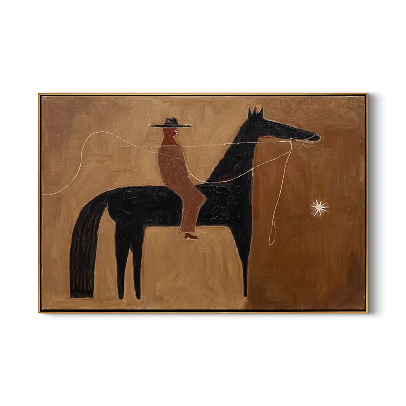 Lasso Cowboy Black Horse Wall Art – Rustic Western Folk Painting#yy825168