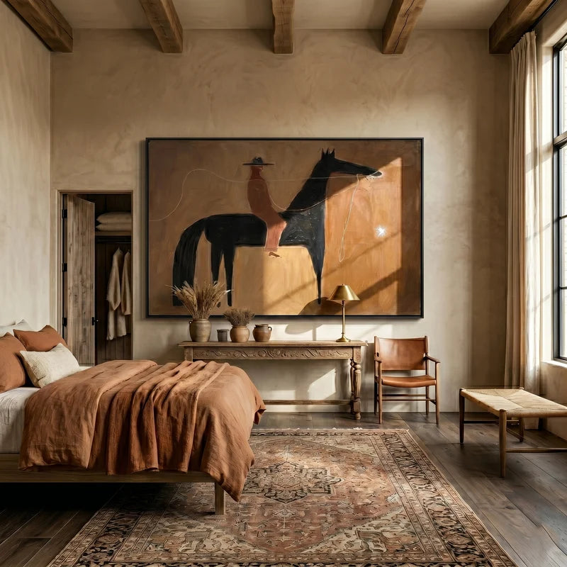 Lasso Cowboy Black Horse Wall Art – Rustic Western Folk Painting#yy825168